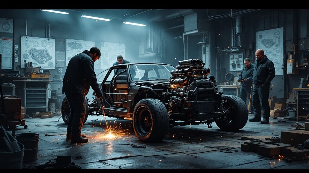 En un taller de mecánica, tres personas trabajan en un Audi Ur-Quattro altamente modificado. El vehículo tiene un motor expuesto con múltiples tomas de aire y tubos de escape, resaltando su diseño de alto rendimiento. Uno de los mecánicos utiliza una herramienta de soldadura, generando chispas en el suelo, mientras los otros dos observan y debaten detalles técnicos. El espacio está lleno de herramientas, equipos y planos técnicos en las paredes, reflejando un ambiente de ingeniería automotriz y personalización.