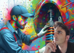 Imagen de dos personas revisando un amortiguador de un coche. Una persona está de pie junto al vehículo, mientras que la otra está inspeccionando o ajustando el amortiguador. El coche parece estar en un taller o un entorno similar dedicado a la reparación de automóviles.