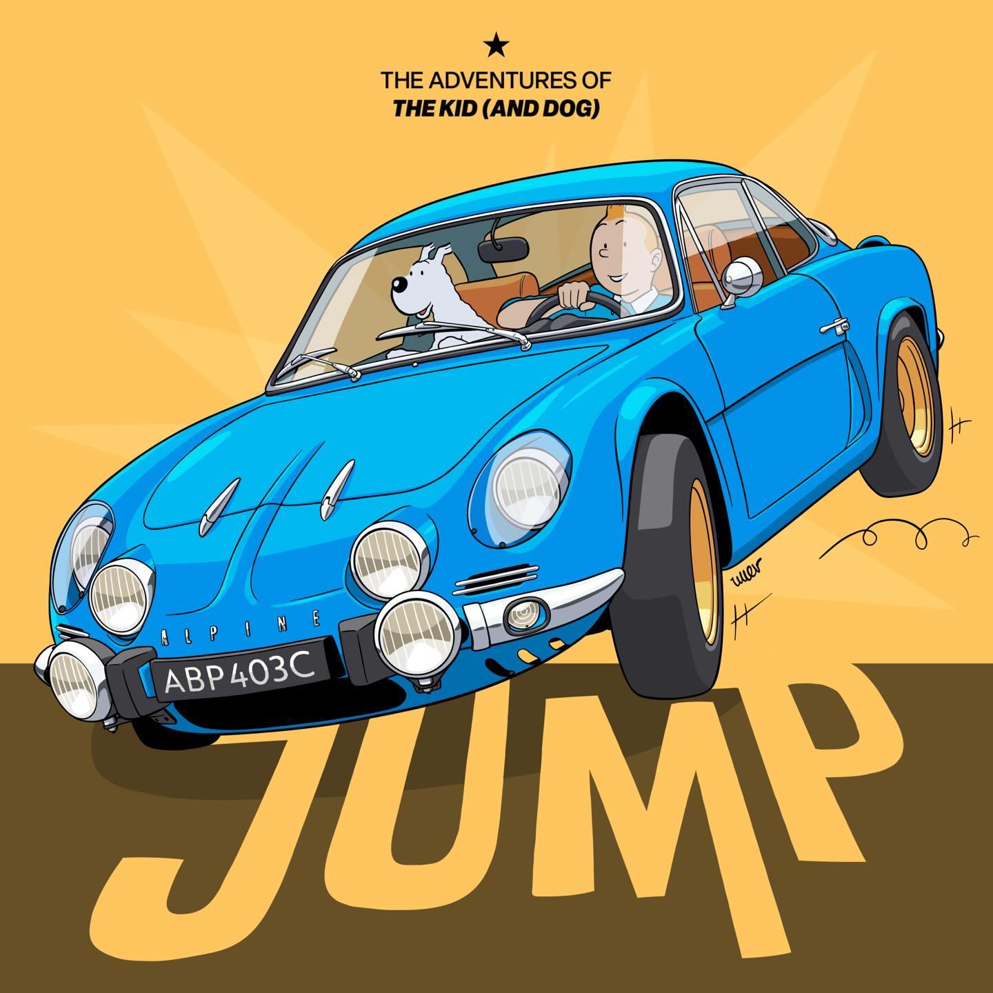 Ilustración de un automóvil deportivo clásico azul, un Alpine A110, en movimiento, saltando sobre una colina. Dentro del vehículo, Tintín está al volante, y Milú está en el asiento del pasajero. Ambos parecen estar disfrutando del viaje. El fondo es amarillo con el texto “THE ADVENTURES OF THE KID (AND DOG)” arriba y la palabra “JUMP” en letras grandes en la parte inferior. La escena transmite una sensación de diversión y aventura.