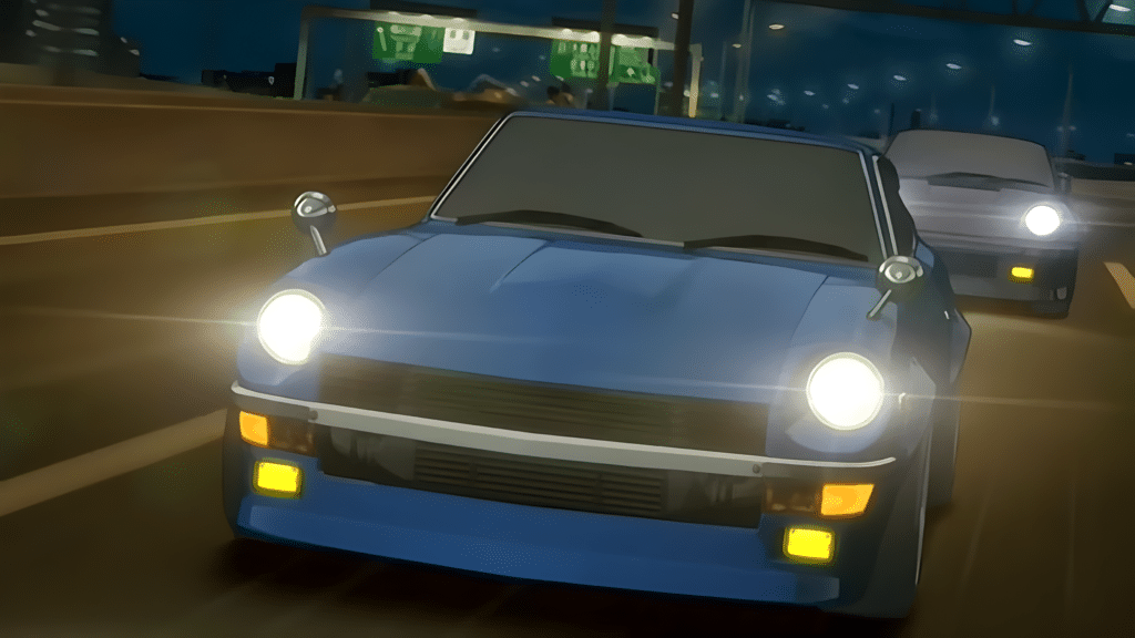 Ilustración de un Nissan Fairlady Z de 1969 de color azul en un entorno urbano nocturno que representa a Tokio, con edificios iluminados al fondo.