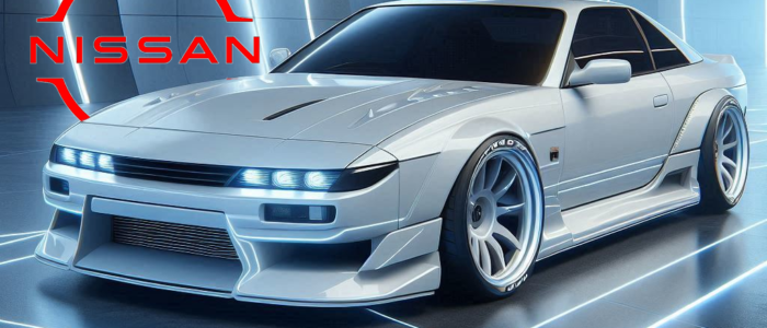 Concepto del Nissan Silvia 2025 diseñado por JM Miana con ayuda de la IA. El coche deportivo, que se asemeja al modelo Nissan 240SX (S13), presenta características aerodinámicas mejoradas como un splitter frontal, faldones laterales y posiblemente un difusor trasero. Está presentado frente a un fondo abstracto azul con acentos de luz de neón, lo que le da una apariencia futurista. El logotipo de Nissan se muestra de manera prominente en la parte superior central de la imagen.