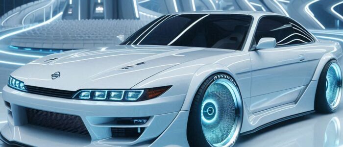 Concepto del Nissan Silvia 2025 diseñado por JM Miana con ayuda de la IA. El coche deportivo, de color blanco, presenta un diseño elegante con ruedas y faros iluminados en azul. Está situado en un entorno futurista con patrones de luz azul en las paredes y el suelo, creando una estética de neón. La imagen combina el diseño automovilístico moderno con elementos de ciencia ficción, sugiriendo tecnología avanzada y velocidad.