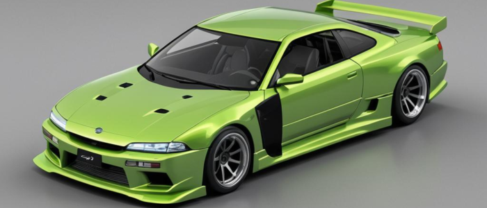 Concepto de diseño para un Nissan Silvia 2025 creado por JM Miana, con una carrocería verde lima elegante, líneas aerodinámicas y una estética deportiva. El coche tiene un perfil bajo con una postura agresiva, acentuada por un gran alerón trasero y llantas de aleación personalizadas. El frente del vehículo presenta faros estrechos distintivos y un capó ventilado, indicativo de alto rendimiento.
