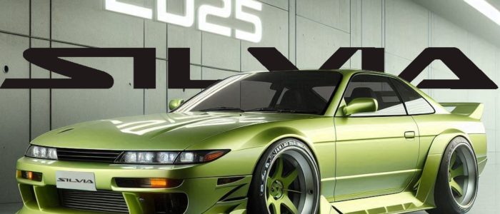 Concepto del Nissan Silvia 2025 diseñado por JM Miana con ayuda de la IA. El coche deportivo, de color verde, está equipado con un kit de carrocería y estacionado frente a una pared con las inscripciones ‘2025’ y ‘SILVIA’. La imagen sugiere un rediseño futurista o conceptual del modelo clásico, posiblemente para el año 2025.