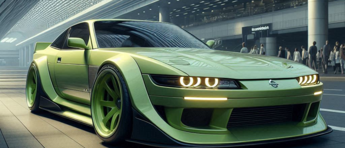 Concepto del Nissan Silvia 2025 diseñado por JM Miana con ayuda de la IA. El coche deportivo, de color verde, presenta un diseño elegante con faros angulares distintivos y llantas verdes a juego. Está estacionado en lo que parece ser una estación de tren contemporánea bien iluminada, con un techo de vidrio expansivo y varios niveles visibles en el fondo. La postura baja y las líneas aerodinámicas del vehículo sugieren un alto rendimiento, atrayendo a los entusiastas del automóvil y a aquellos interesados en el diseño automovilístico.