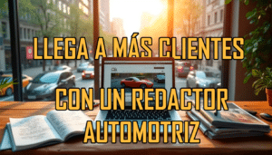 Imagen de una computadora portátil abierta sobre una mesa en la calle con un texto superpuesto que dice “LLEGA A MÁS CLIENTES CON UN REDACTOR AUTOMOTRIZ”. En la pantalla de la computadora, hay una imagen de un coche rojo. La mesa también tiene un par de libros y una libreta con un bolígrafo encima. Al fondo, se observan vehículos estacionados y en movimiento en una calle urbana iluminada por el sol del atardecer. Este escenario sugiere la importancia de un redactor de blogs sobre vehículos para atraer clientes a través del contenido digital.