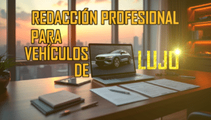 Una imagen de un escritorio con vista a una ciudad al atardecer a través de una ventana grande. Sobre el escritorio hay un ordenador portátil abierto con la imagen de un automóvil de lujo en la pantalla, junto a un cuaderno y documentos. El texto prominente sobre la imagen dice ‘REDACCIÓN PROFESIONAL PARA VEHÍCULOS DE LUJO’. La luz del sol entra por la ventana, creando un ambiente cálido y enfocando la atención en el concepto de lujo y profesionalismo asociado con el contenido para marcas de automóviles de lujo. Redactor de contenido para marcas de automóviles de lujo.