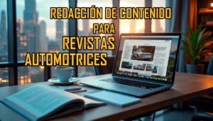 Una laptop sobre un escritorio con una revista abierta al lado, ambos elementos frente a una ventana con vista a la ciudad al anochecer. La pantalla de la laptop muestra un artículo o anuncio sobre coches. El texto superpuesto en la imagen dice “REDACCIÓN DE CONTENIDO PARA REVISTAS AUTOMOTRICES”. La imagen sugiere el uso de “Redacción SEO para sitios web de automóviles” en el contexto de creación de contenido para publicaciones automotrices.