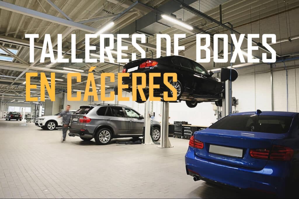 Esta imagen presenta un taller de boxes en Cáceres, destacando un espacio amplio y moderno, preparado para atender vehículos de gama alta. La escena muestra varios coches en un ambiente limpio y bien iluminado, con un vehículo en un elevador, sugiriendo que el taller cuenta con equipamiento avanzado para reparaciones y mantenimiento. El texto sobrepuesto, "Talleres de Boxes en Cáceres", aparece en letras blancas y amarillas, captando la atención y destacando la ubicación del servicio en Cáceres. Este tipo de diseño visual transmite profesionalismo y experiencia en el sector de la automoción.