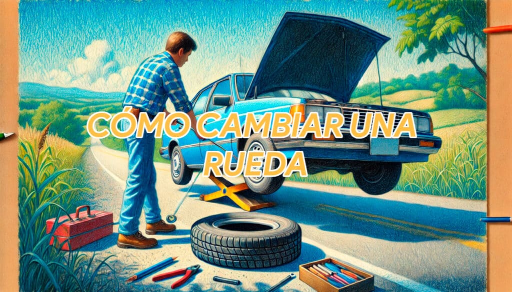 Ilustración con estilo clásico de los 90, hecha con lápices de colores. Un hombre con camisa de cuadros y vaqueros cambia una rueda en el arcén de una carretera soleada. El coche es un sedán familiar típico de los 90, levantado con un gato manual. Las texturas y sombreados son claramente de lápices de colores, con trazos visibles y colores cálidos. A su lado, una rueda de repuesto y herramientas están cuidadosamente dibujadas con detalle. Al fondo, una mujer con vestido veraniego y un perro labrador miran con calma. El paisaje tiene colinas suaves, árboles y un cielo azul claro, todo con un acabado artesanal que recuerda las ilustraciones de manuales de Reader’s Digest.