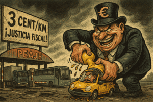 Ilustración satírica de una cabina de peaje con un gran cartel que dice “3 CENT/KM ¡JUSTICIA FISCAL!”. Un hombre corpulento con sombrero de copa decorado con el símbolo del euro exprime un pequeño coche amarillo, del que sale líquido, mientras el conductor se muestra angustiado. Al fondo, un autobús y un camión esperan su turno. La escena crítica el impacto económico de los peajes sobre los ciudadanos.