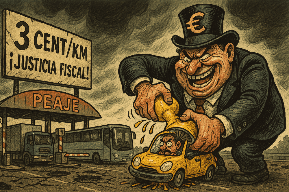 Ilustración satírica de una cabina de peaje con un gran cartel que dice “3 CENT/KM ¡JUSTICIA FISCAL!”. Un hombre corpulento con sombrero de copa decorado con el símbolo del euro exprime un pequeño coche amarillo, del que sale líquido, mientras el conductor se muestra angustiado. Al fondo, un autobús y un camión esperan su turno. La escena crítica el impacto económico de los peajes sobre los ciudadanos.